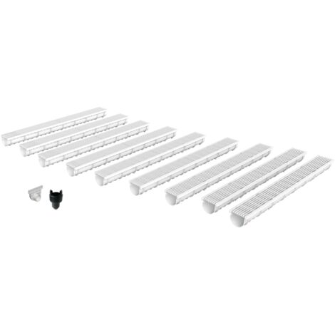 Pack de 9 Caniveaux extérieurs avec grille à fentes longitudinales en plastique recyclé grises DECOLINE - Système De Drainage MEA pour terrasse, piscine, jardin - Largeur utile 10cm – passage piéton