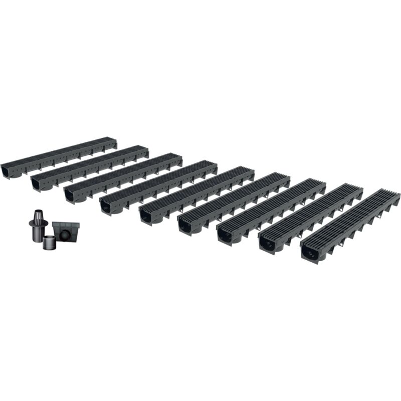 MEA - Pack de 9 : Caniveau extérieur avec Grille en Plastique recyclé Noir park - Caniveaux pour terrasse, Piscine, Jardin - Largeur utile 10cm –