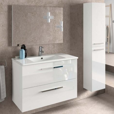 Pack de baño Aruba blanco mueble con espejo, lavamanos cerámico y columna