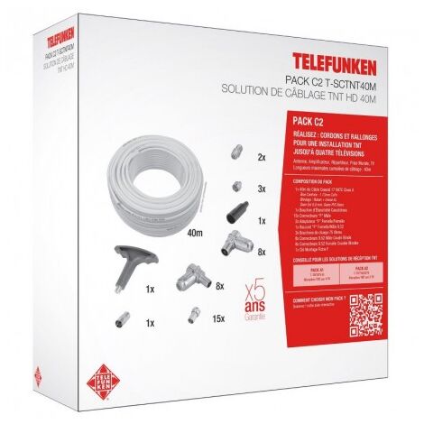 Pack de câblage TNT HD pour TV avec cable antenne 17VTAC longueur 40m et connectique "F" C2 TELEFUNKEN T-SCTNT40M