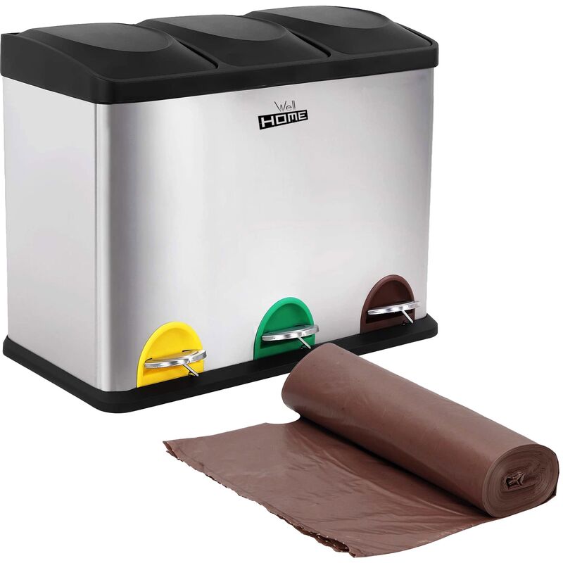 

Wellhome - Pack de Cubo de reciclaje ecológico 45 litros de 3 compartimentos CON rollo de 20 bolsas de basura de 20 Litros, reciclaje de basura /
