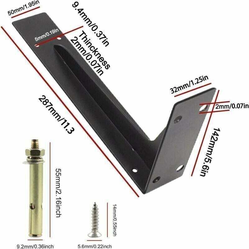 Pack de de 2 Equerre Etagere 290mm, XU, Équerre Charge Lourde, Murale Supports Étagère, Charges Lourdes Supports Equerre avec Vis, Noir 150KG/330lbs
