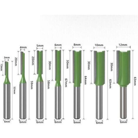 Pack de de 7 fraises à bois professionnelles (3-12mm) - , XU,Tige 6mm double cannelure - Destiné à défonceuse & menuiserie -