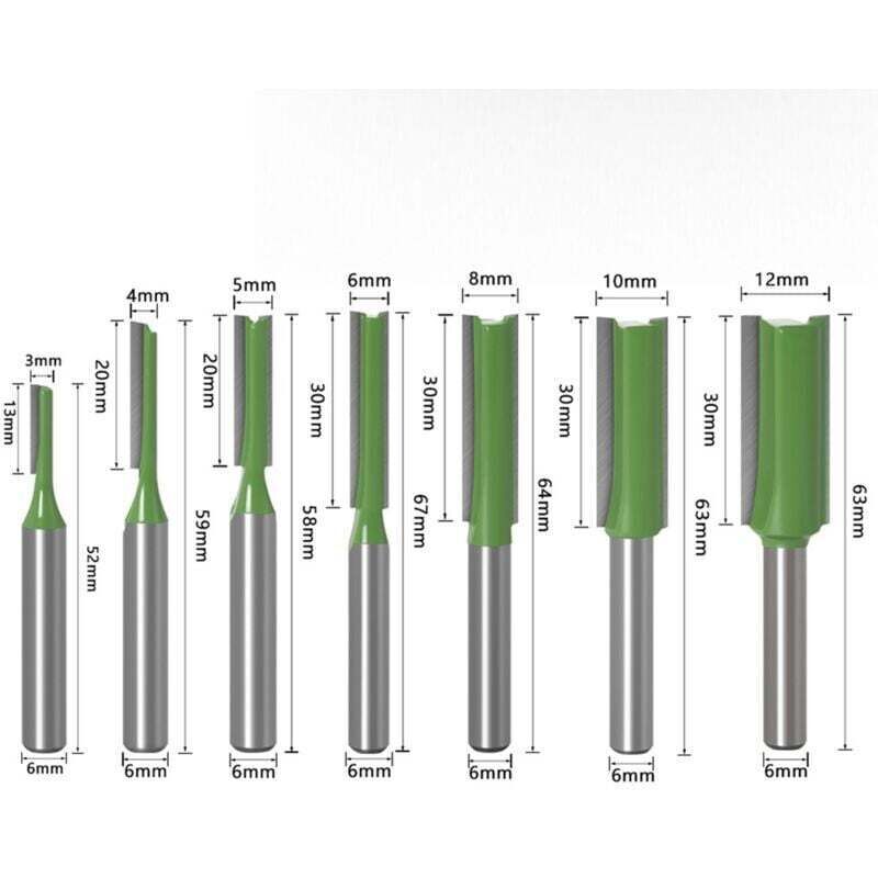 Pack de de 7 fraises à bois professionnelles (3-12mm) - , XU,Tige 6mm double cannelure - Destiné à défonceuse & menuiserie - KZQ