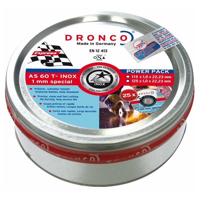 

AS60TINOX-115PACKPLU - Lata sellada de 10 discos de corte metal 115 x 1,0 mm AS 60 T INOX Special Express LIFETIME PLUS - Dronco