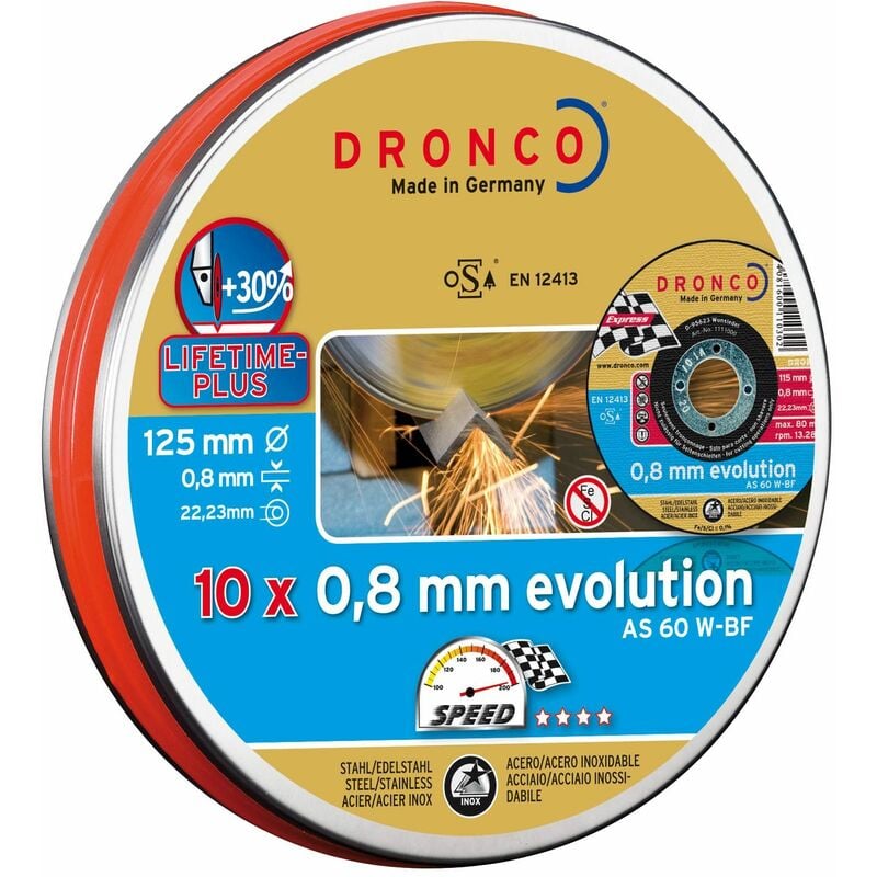 

AS60W-125PACKPLUS - Lata sellada de 10 discos de corte metal 125 x 0,8 mm AS 60 W EvolutionLifetime Plus - Dronco