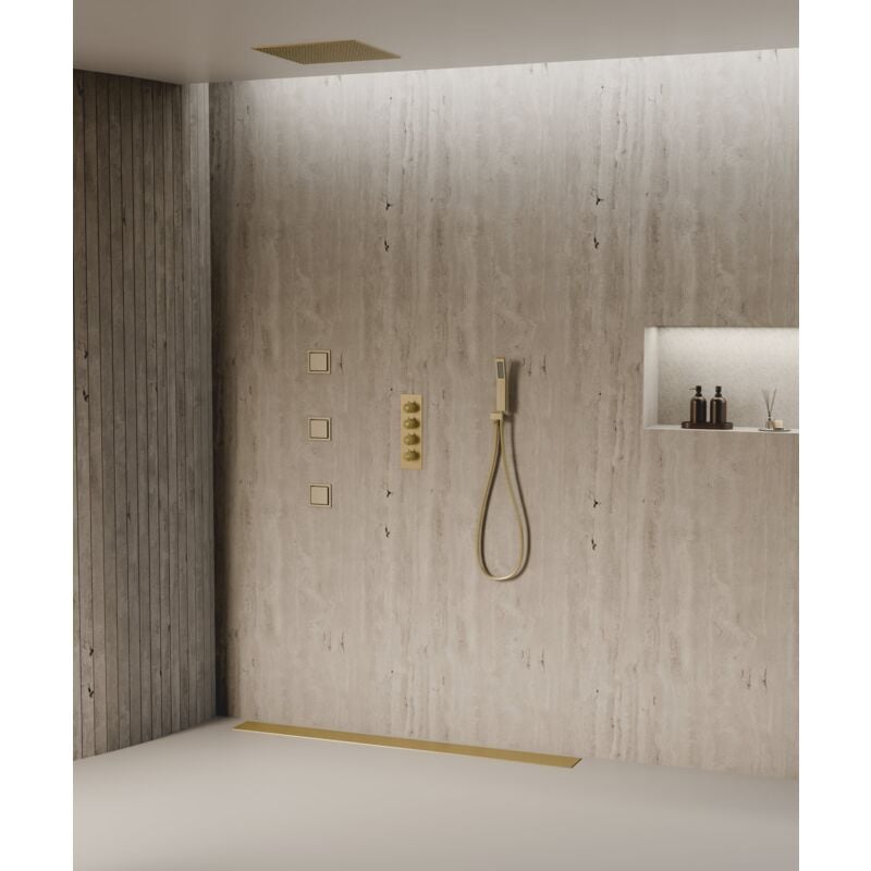 Système de douche thermostatique au plafond avec jets encastré 500 mm - Doré brossé