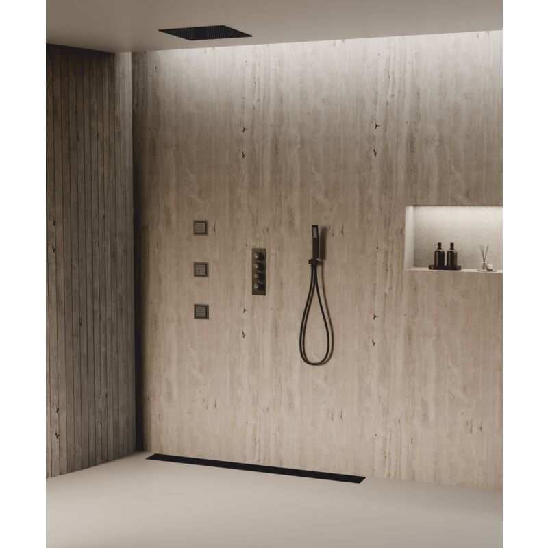 Kroos ® - Système de douche thermostatique au plafond avec jets encastré 500 mm - Noir