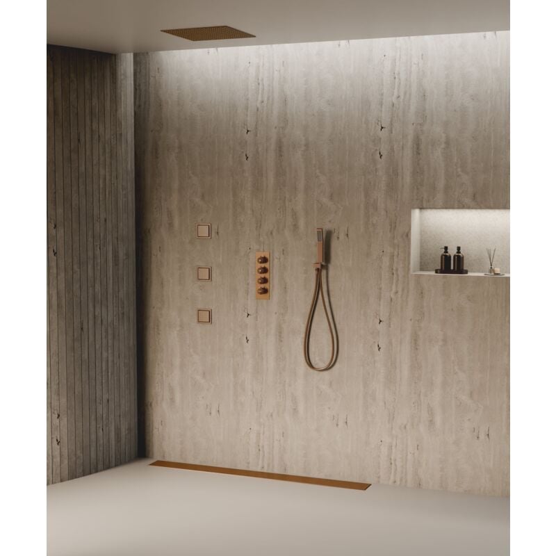 Kroos ® - Système de douche thermostatique au plafond avec jets encastré 500 mm - Or rose brossé