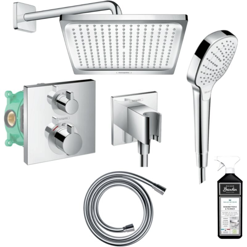 Hansgrohe - Pack de douche encastré thermostatique Ecostat Square chromé + nettoyant Briochin