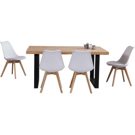 Pack de Mesa Loft Estilo Industrial en Color Roble y Negro con 4 Sillas Estilo Nórdico en Color Blanco y Roble Nordish