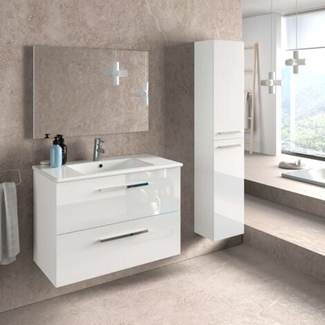 Pack de Muebles de Baño Aruba Blanco con Mueble de Baño Suspendido (80 cm), Columna, Espejo y Lavamanos Cerámico