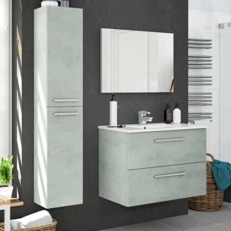 Pack de Muebles de Baño Aruba Estilo Indsutrial en Color Cemento con Mueble de Baño, Columna, Espejo y Lavamanos Cerámico