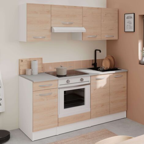 Pack de Muebles de Cocina Eko Estilo Moderno en Color Blanco Mate y Roble Jackson con Módulos Fregadero Campana y Horno