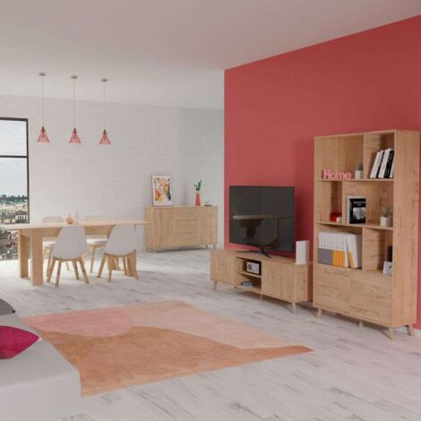 Pack de Muebles de Salón Comedor Oslo Estilo Natrual en Roble Gold (Mesa de Comedor Extensible + Mueble de TV + Aparador + Librería