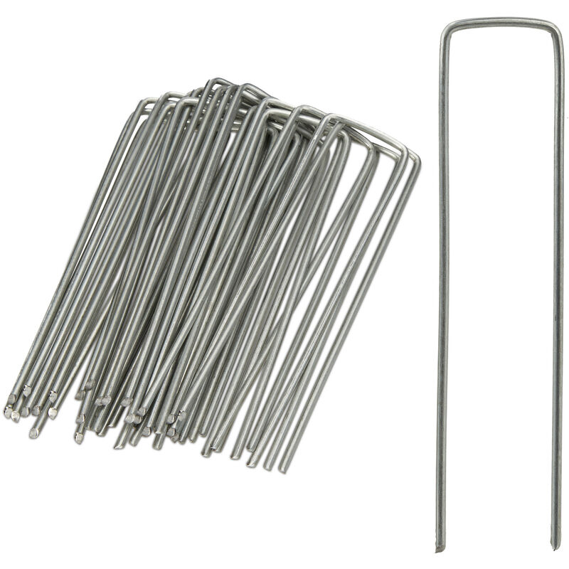 Pack de Piquetas Jardín en Forma de u, Acero Galvanizado, Plateado, 15 cm, 25 Unidades - Relaxdays