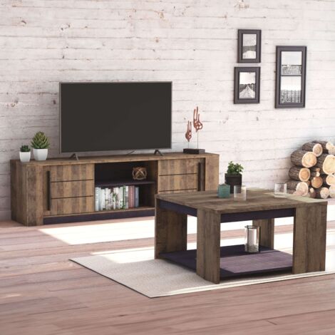 Pack de Salón Mueble TV + Mesa de Centro, Conjunto Salón, Mónaco, Roble Oscuro y Negro