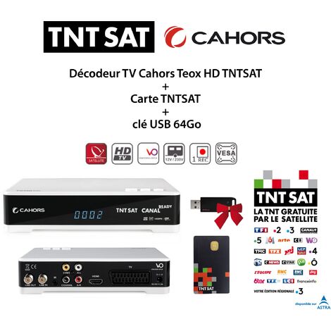 Pack Décodeur TV Cahors Teox HD TNTSAT + Carte TNTSAT + clé USB 64Go
