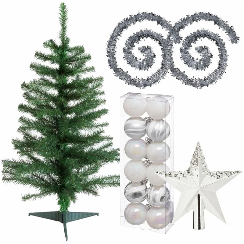 

Wellhome - Pack decoración Navidad: Abeto verde 100 cm con base + Lote de 12 bolas navideñas de 40 mm. Diseño surtido + 2 Guirnaldas espumillón plata