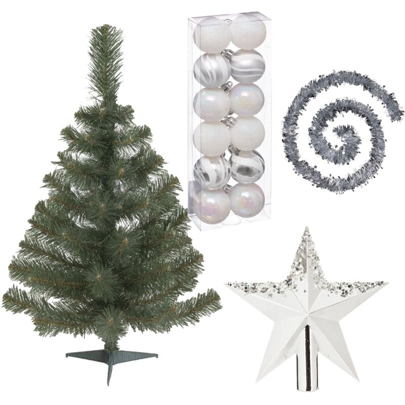 

Wellhome - Pack decoración Navidad: Abeto verde 70 cm con base + Lote de 12 bolas navideñas de 40 mm. Diseño surtido + Guirnalda espumillón plata 2 m
