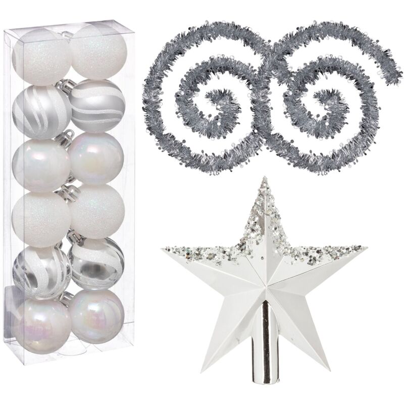 

Wellhome - Pack decoración Navidad: Lote de 12 bolas navideñas de 40 mm. Diseño surtido + 2 Guirnaldas espumillón plata 2 m + Estrella cresta blanca
