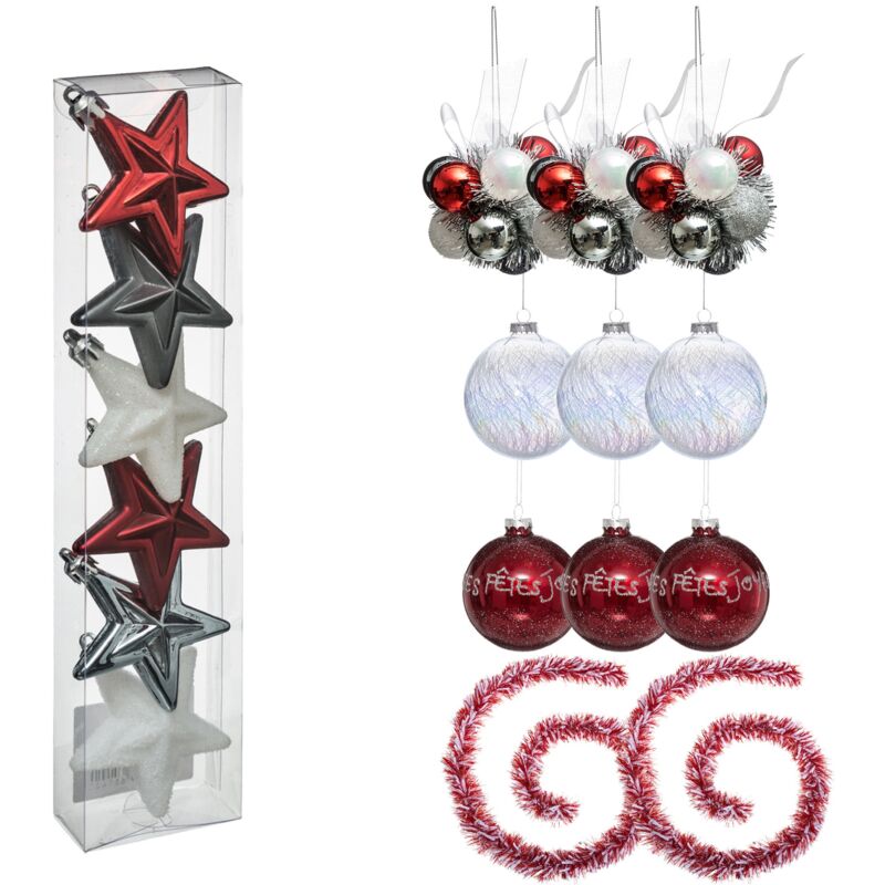 

Wellhome - Pack Decoración Navidad rojo/plata/ blanco: 6 Estrellas de Navidad (3 colores) +3 x Bola Cristal 100 mm blanca + 3 x bola Cristal 90 mm