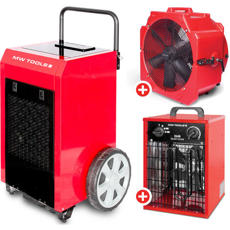 Pack Déshumidificateur mobile industriel 90 l/jour + Ventilateur brasseur mobile 600 mm 190 W + Générateur d'air chaud électrique 3,3 kW MW-Tools BD90PSETAH
