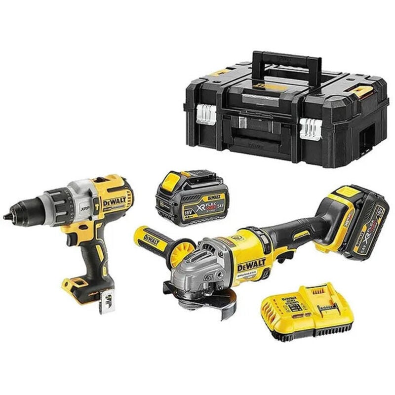 Pack 2 outils 54V Dewalt DCK2055T2-QW : Perceuse-visseuse à percussion DCD996 et Meuleuse Ø125mm DCG414 avec coffret et 2 Batteries 6,0 Ah flexvolt