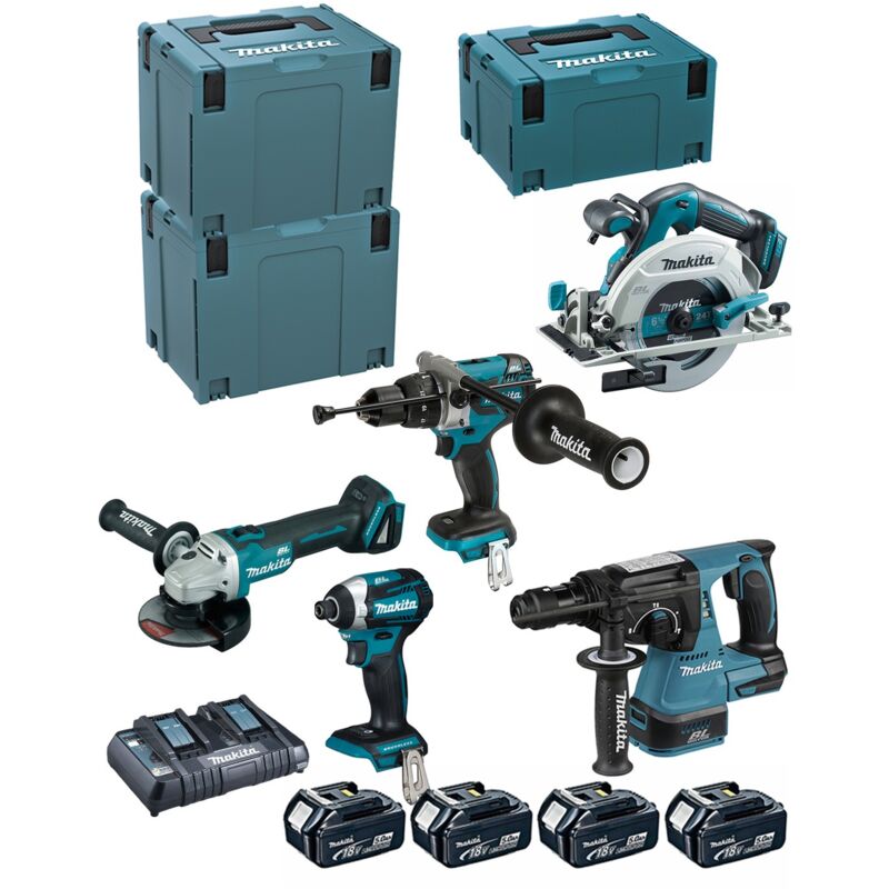Makita - Kit DLX5038PTJ (DHP481 + DTD154 + DGA506 + DHR243 + DHS680 + 4 x 5,0 Ah + DC18RD + makpac 3 + 2 x makpac 4)