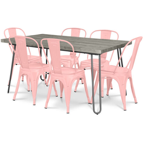 Pack Dining Table - Industrial Design 150cm + Pack of 6 Dining Chairs - Industrial Design - Hairpin Stylix Pastel orange