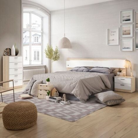 Pack Dormitorio Matrimonio Estilo Moderno Color Blanco Y Roble Camas 150 Cm  (cama+cabecero+mesitas+cómoda) con Ofertas en Carrefour