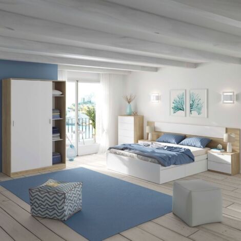 Pack Dormitorio Completo Alaya Color Blanco y Roble para Camas 150 cm (Cama+cabecero+2 mesitas+Armario+sinfonier)