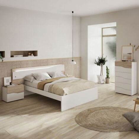 Conjunto habitación Matrimonio Sire Color Blanco Estilo nórdico (Cabecero +  2 mesitas + cómoda) 150 o