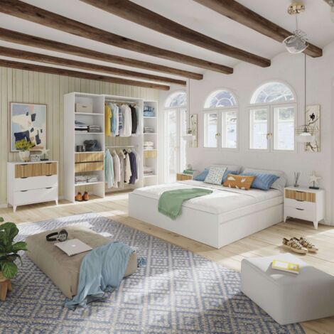 Pack Dormitorio Matrimonio con Vestidor Abierto Estilo Nórdico Color Roble Natur y Blanco