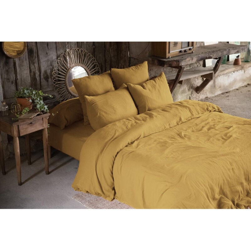 L'effet Papillon - Pack double gaze de coton housse de couette 240 x 220 cm + 2 taies d'oreiller 50 x 70 Jaune