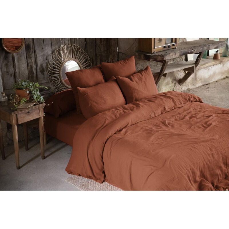 L EFFET PAPILLON Pack Double Gaze de Coton Housse de Couette 260 x 240 cm + 2 taies d'oreiller 60 x 60 Orange Orange