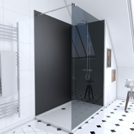 pack douche a l'italienne 90x120 - kit panneaux muraux noir/chrome + receveur + paroi fumee 8 mm