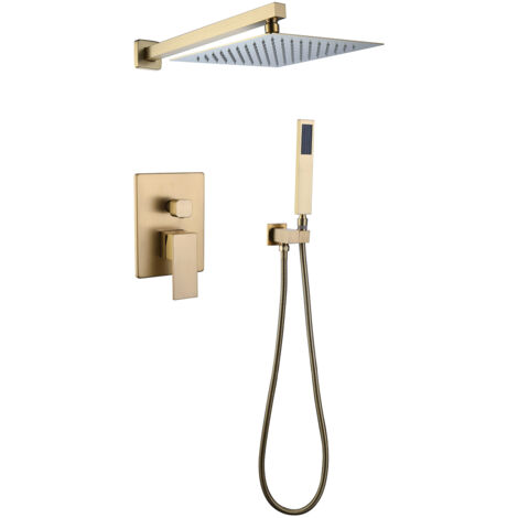 RGERG Système de Douche vanne de mélange Mural pour Commande de Thermostat Robinet de Douche doré brossé avec Une Pomme de Douche de 8 à 12 Pouces avec Pluie Ronde et Douche à Main,8 inch RGERG Système de Douche vanne de mélange Mural pour Commande de Thermostat Robinet de Douche doré brossé avec Une Pomme de Douche de 8 à 12 Pouces avec Pluie Ronde et Douche à Main,8 inch