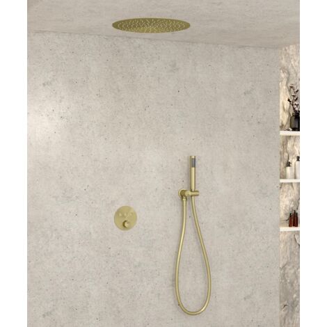 Pack douche thermostatique avec pommeau encastré rond - Doré brossé