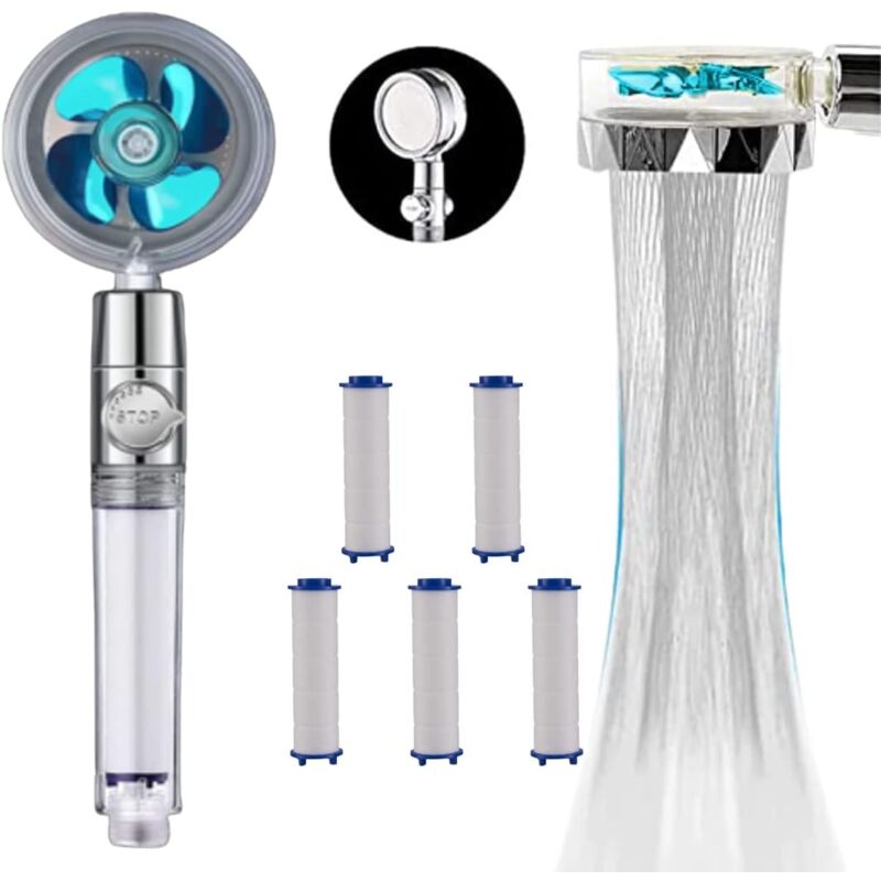 PACK douchette + 6 recharges filtres Pommeau de douche avec hélice haute pression - Economise et filtre l'eau - Régulateur de puissance grâce à