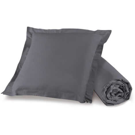 Pack drap housse 1 personne 90 x 190 cm + 1 taie d'oreiller 63 x 63 point bourdon 100% coton 57 fils couleur Gris souris