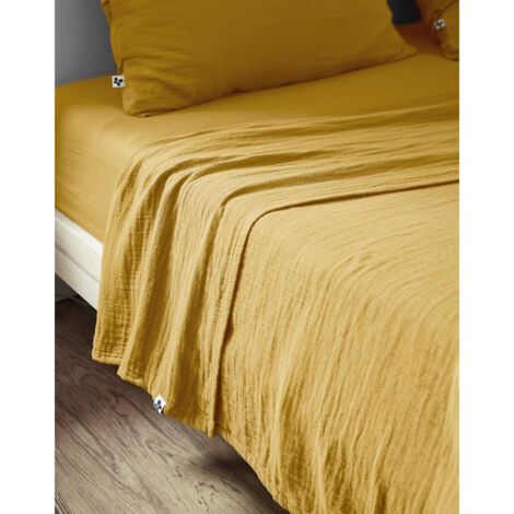 Pack drap plat 240 x 300 cm + Drap housse 140x 190 cm Double gaze de coton safran