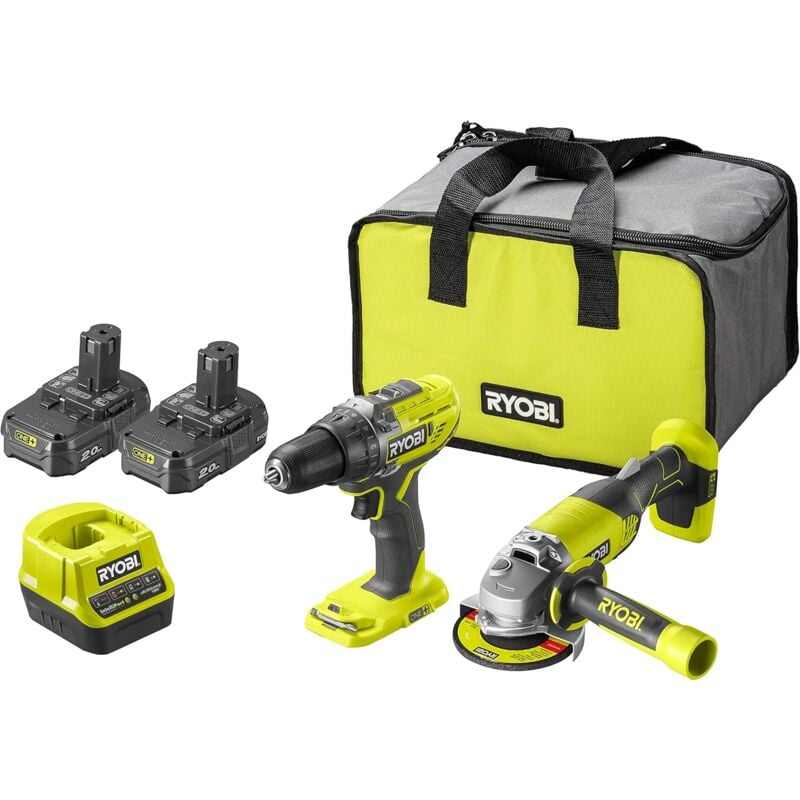 Pack Ryobi 2 outils: 1 Perceuse-Visseuse R18DD3-0 + 1 Meuleuse d'Angle 115 mm R18AG-0 + 2 Batteries 2,0 Ah + 1 Chargeur Rapide 2,0 a + Livré en Sac