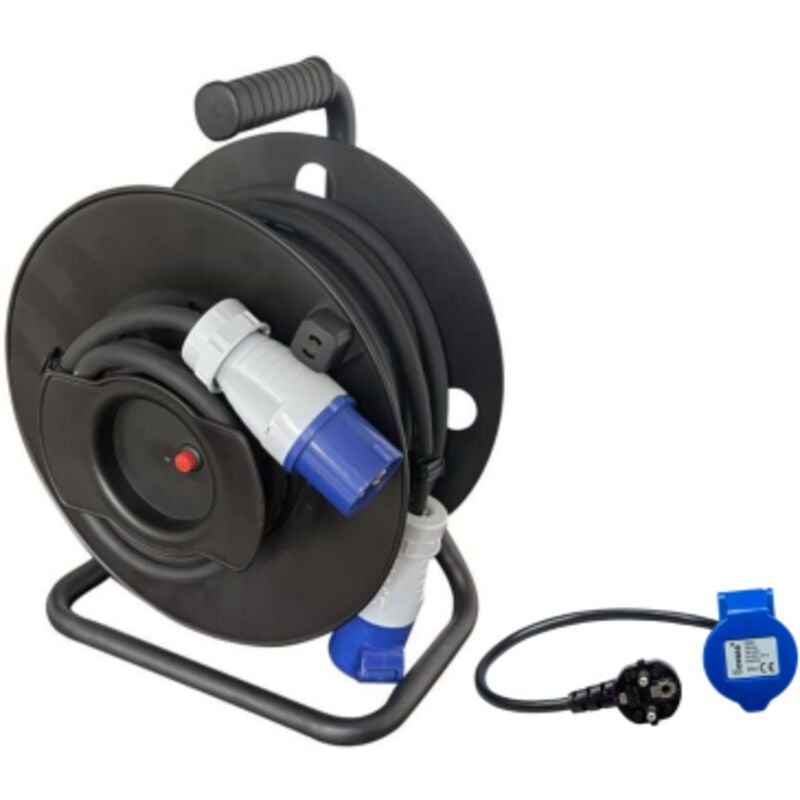 Pack Enrouleur de câble électrique Camping 3600W 25M P17 + Adaptateur Femelle P17 - 230V cee 150cm pour Camping-Car