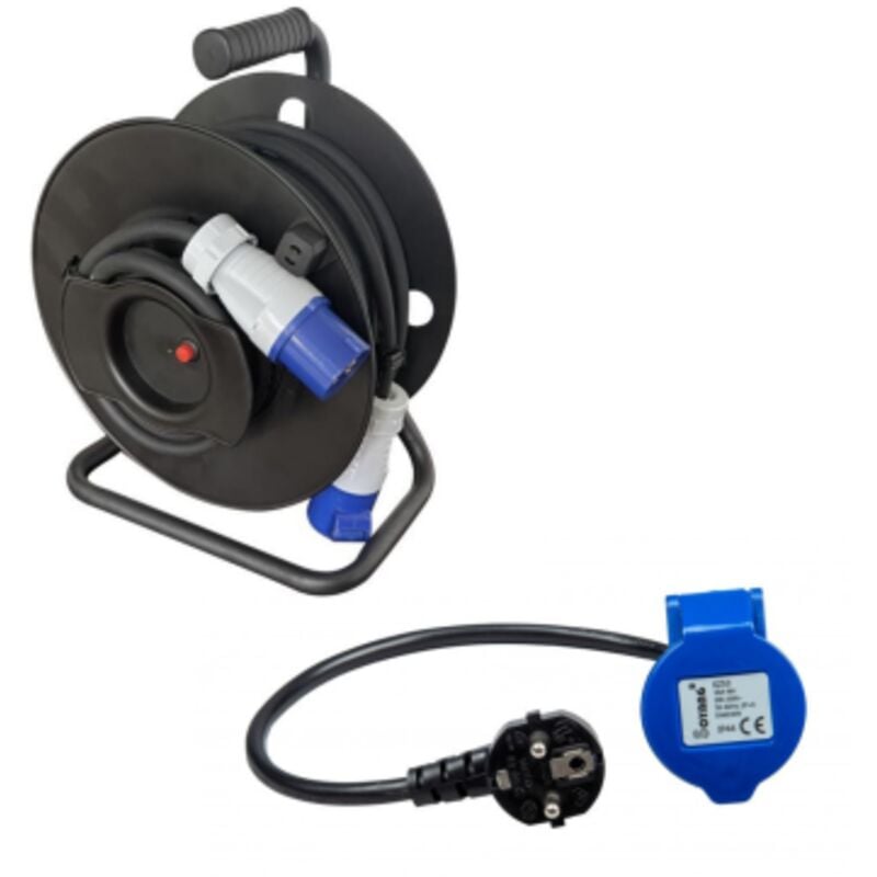 Pack Enrouleur de câble électrique Camping 3600W 25M P17 + Adaptateur Femelle P17 - 230V CEE 50cm pour Camping-Car