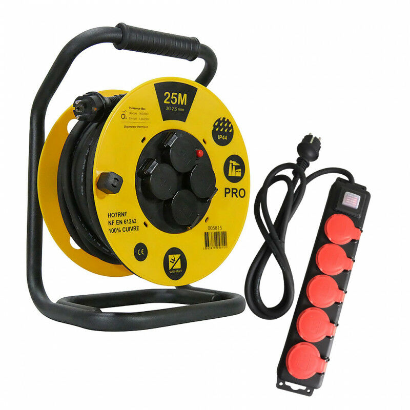 Pack Enrouleur de câble pro 25m HO7RNF 3G2,5 IP44 Wilmart Bloc 5 prises 2P+T étanche