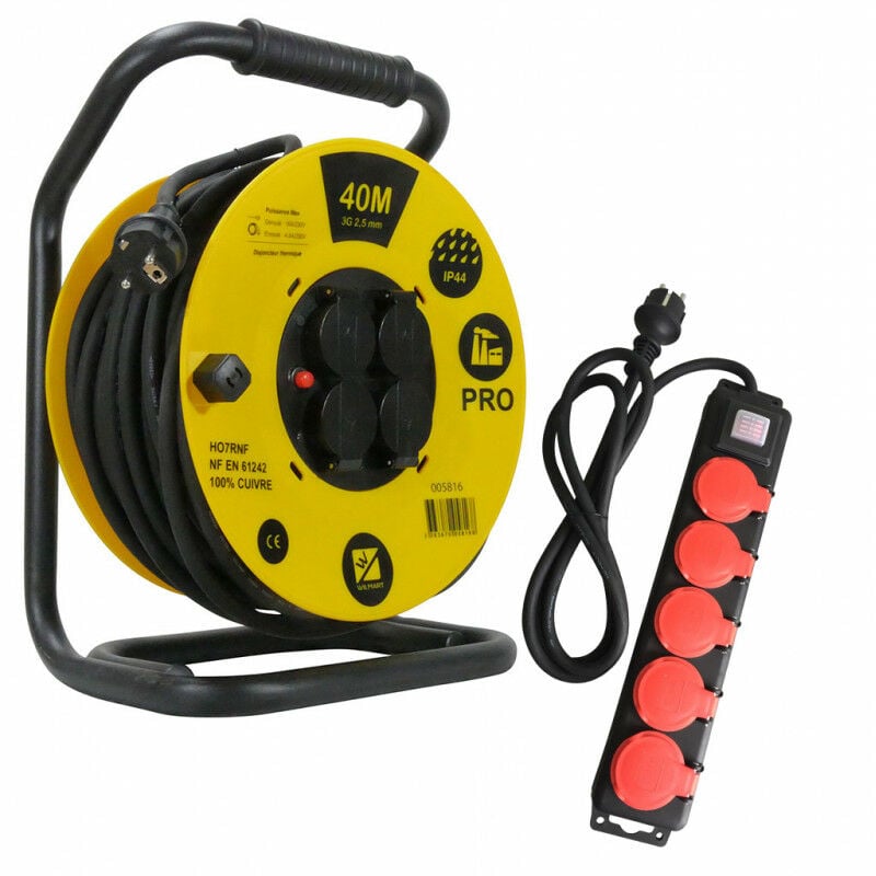 Pack Enrouleur de câble pro 40m HO7RNF 3G2,5 IP44 Wilmart Bloc 5 prises 2P+T étanche