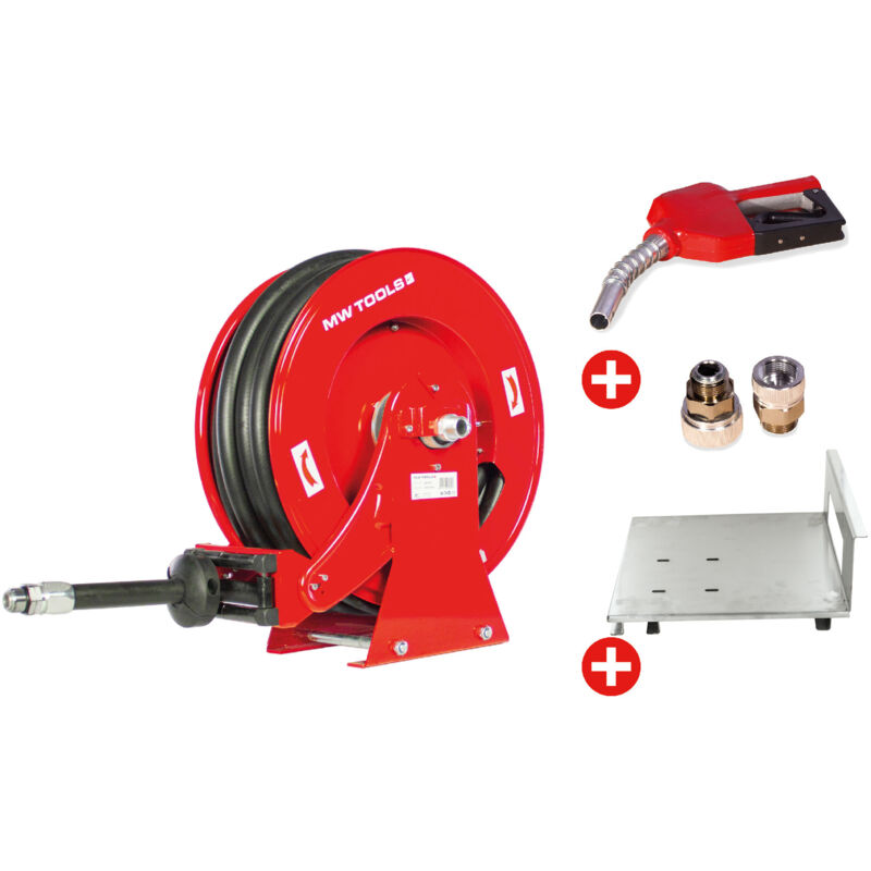 Pack enrouleur Diesel 15 m ø 3/4 20 bars Acier peint avec pistolet, raccord tournant et plaque de montage Mw Tools SHD3415 SET2