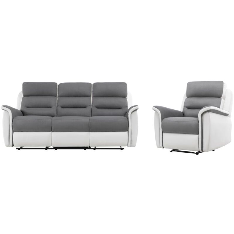 Loungitude - pack Canapé relax 3 places et 1 fauteuil en pu Blanc et mf Gris