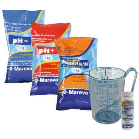 Pack équilibrage MAREVA pour eau de piscine - Réducteur et Réhausseur de pH - Réhausseur de TAC - Languettes Revacil - Pichet doseur